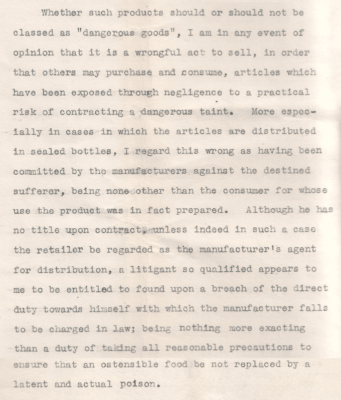 Image shows extract from Lord Moncreiff’s Opinion in Donoghue versus Stevenson, 1930. National Records of Scotland reference: CS252/2299.